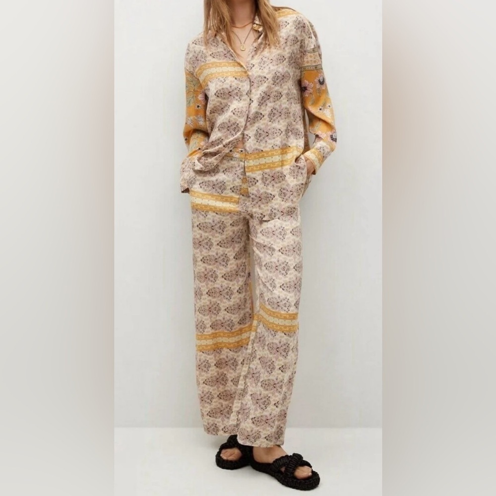 Mango Printed Oversized Button Front Shirt & Matching Pants Set Multi Print XS